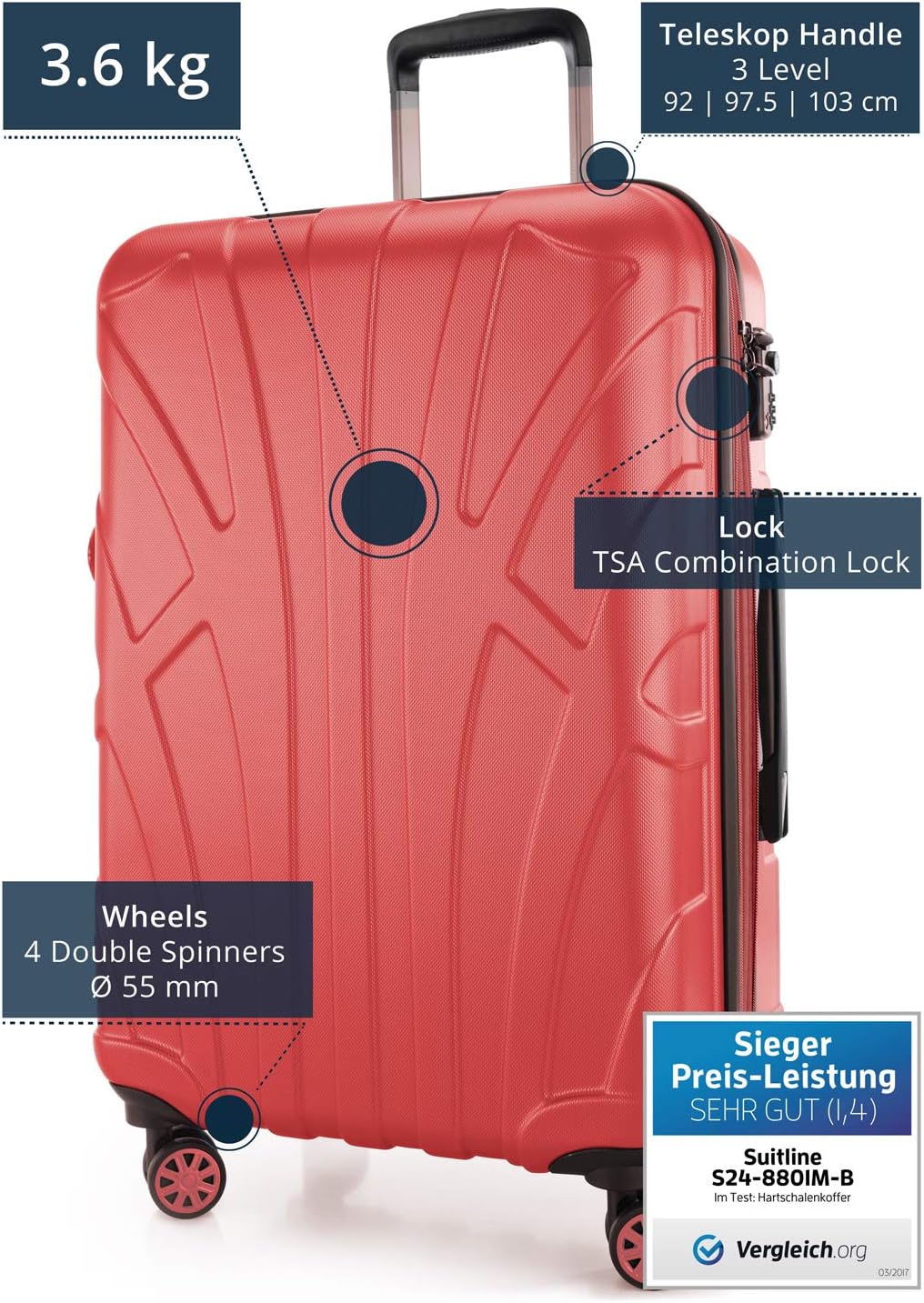 Suitline - Hardshell Suitcase Trolley Travel Luggage Hardcase with Extension, TSA, 66 cm, 58-68 litres, 100% ABS mat, Coral - Image 3