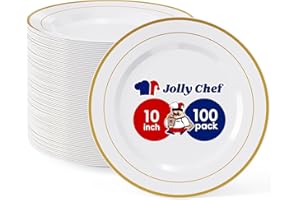 JOLLY CHEF 100 Pieces Gold Plastic Plates, 10 Inch Elegant Disposable Dinner White with Gold Rim, Disposable Plastic Plates for Dinner, Birthdays and Weddings