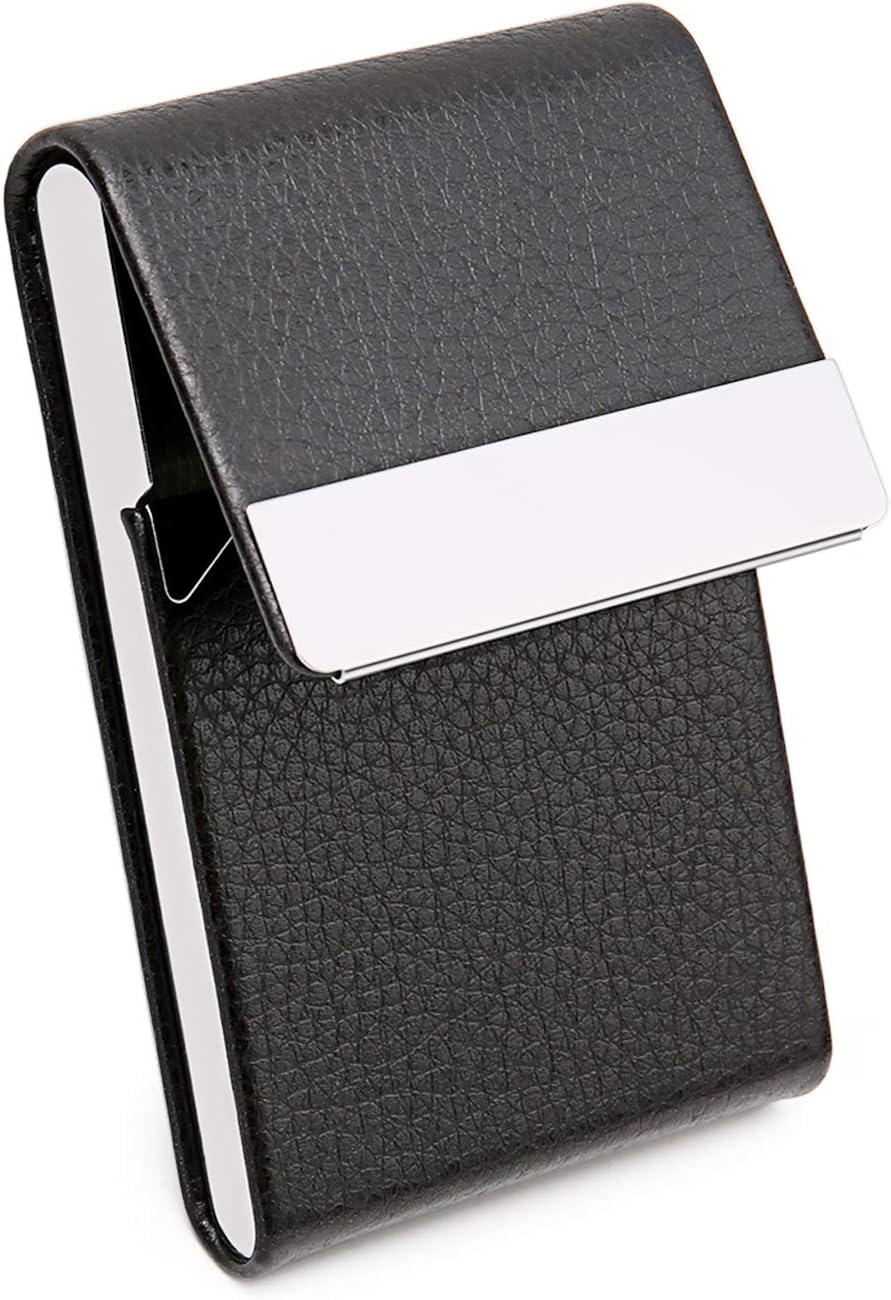 DMFLY Business Card Holder Case - PU Leather Business Card Case Name Card Holder Slim Metal Pocket Card Holder with Magnetic Shut, Black : Office Products