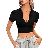 CLOZOZ Short Sleeve Crop Tops for Women V Neck Tops Sexy Tops Zip Up Crop Top Mock Turtleneck Tops Fitted Cropped Shirts