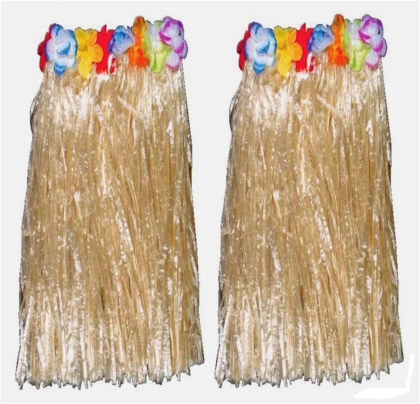 Pair Of 2 Plastic Polynesian Flowered Luau Hula Skirts - Gold/Raffia Color - Adults