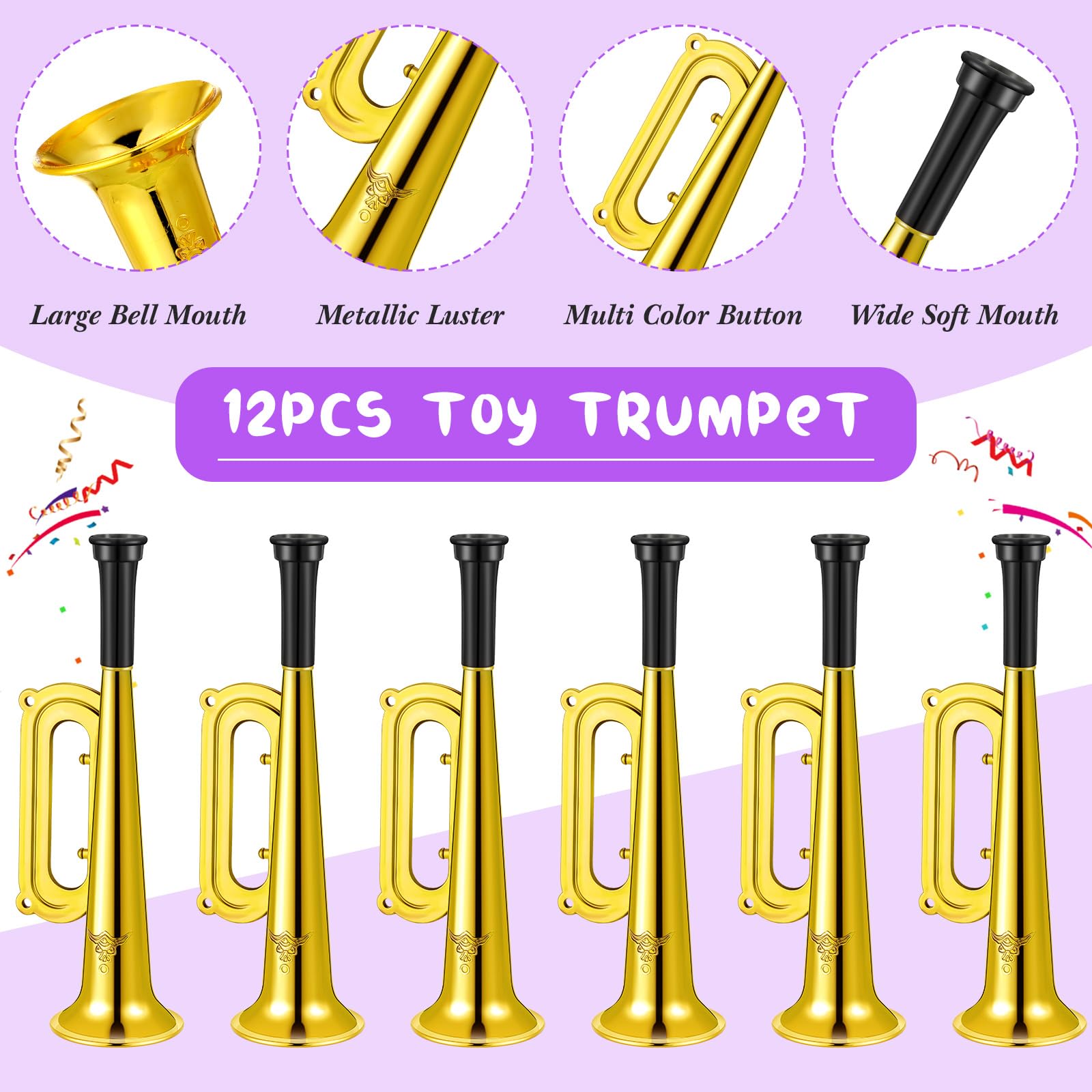 Poen 12 Pcs Toy Trumpet Kids Mini Metallic Trumpet Parties Musical Blow Horn Instruments Plastic Noise Makers for Kids Events Party Favors Music Class Stage Props 7 Inch Easter Day(Gold)