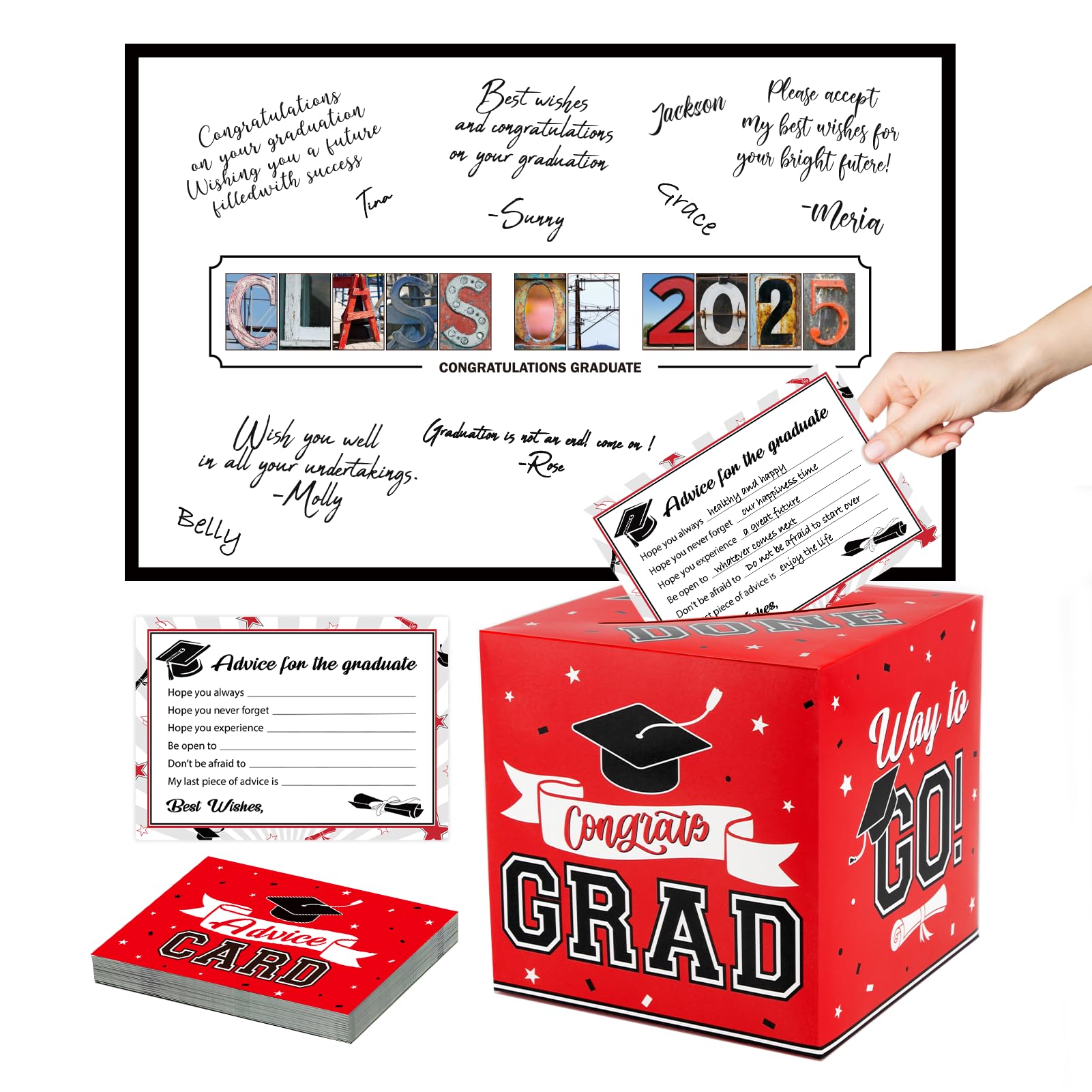 Photo 1 of DAZONGE Graduation Decorations 2025 Red - 1 Graduation Card Box with 30 Advice Cards and 1 Guestbook Signature Board for Graduation Party Decorations, Congrats Grad Class of 2025 Decorations