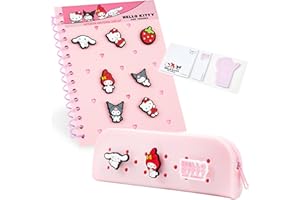 Hello Kitty A5 Customizable Notebook and Zipped Pencil Case, Kawaii Stationery Set with Character Chibi Pins Sticky Notes, Anime Gifts for Kids