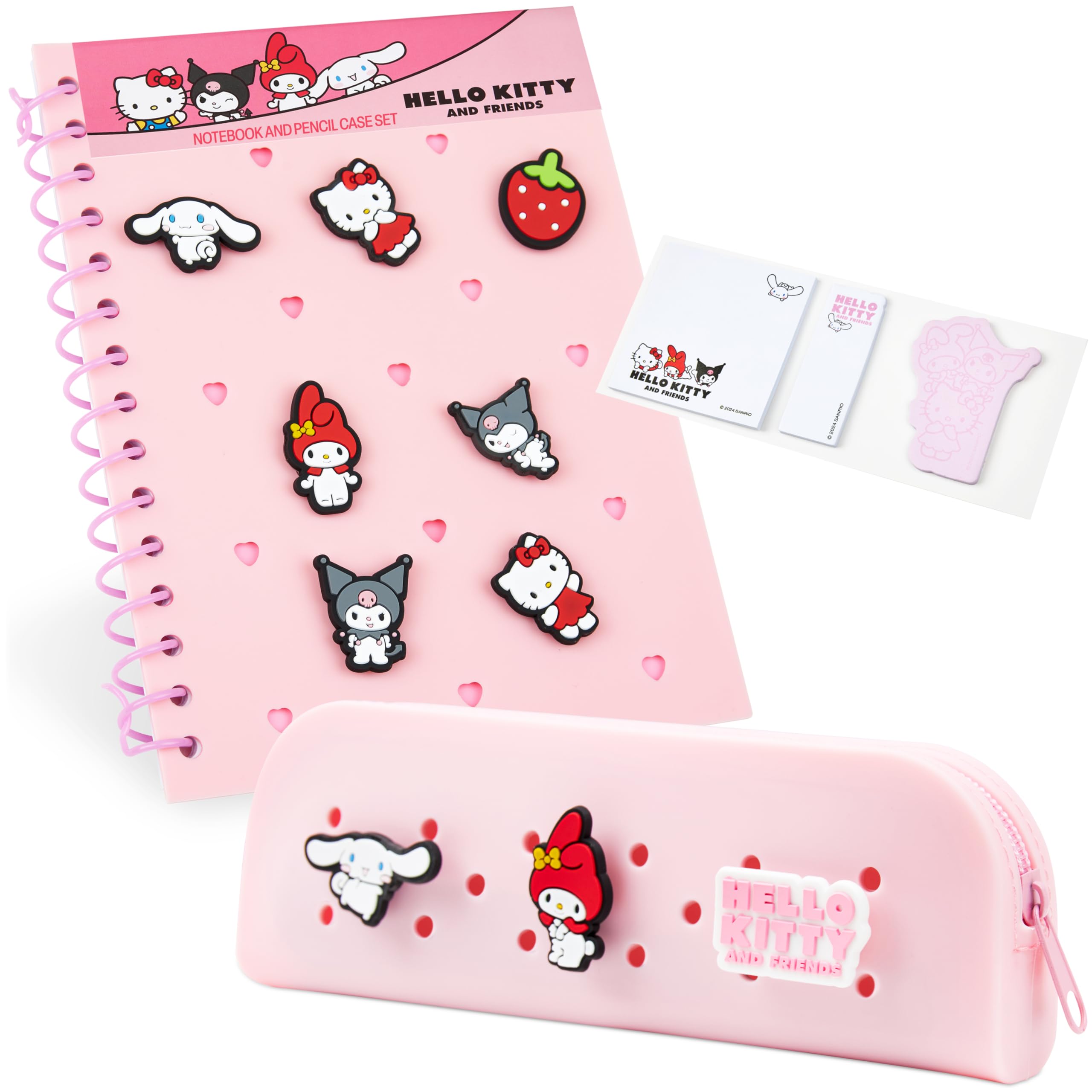 Hello Kitty Customisable A5 Notebook and Zipped Pencil Case Kawaii Stationery Set with Character Pins Sticky Notes School Supplies, Anime Gifts
