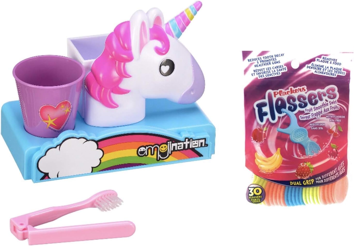 Unicorn Emoji Toothbrush Holder Bathroom Dental Kit with Cup, Toothbrush & 30 Bonus Fruity Plackers Flossers Bundle