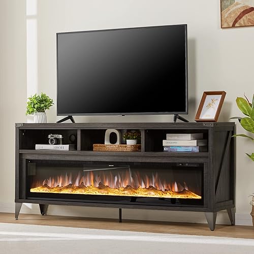 AMERLIFE 65" Fireplace TV Stand with 60" Glass Electric Fireplace