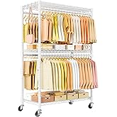 ULIFHOME P5 Plus Rolling Clothes Rack Heavy Duty, Clothing Racks for Hanging Clothes, Metal Garment Rack with Wheels, 3-Tier Portable Closet Rack 45'' W × 20.5'' D × 80.5'' H, Max Load 660 Lbs, White