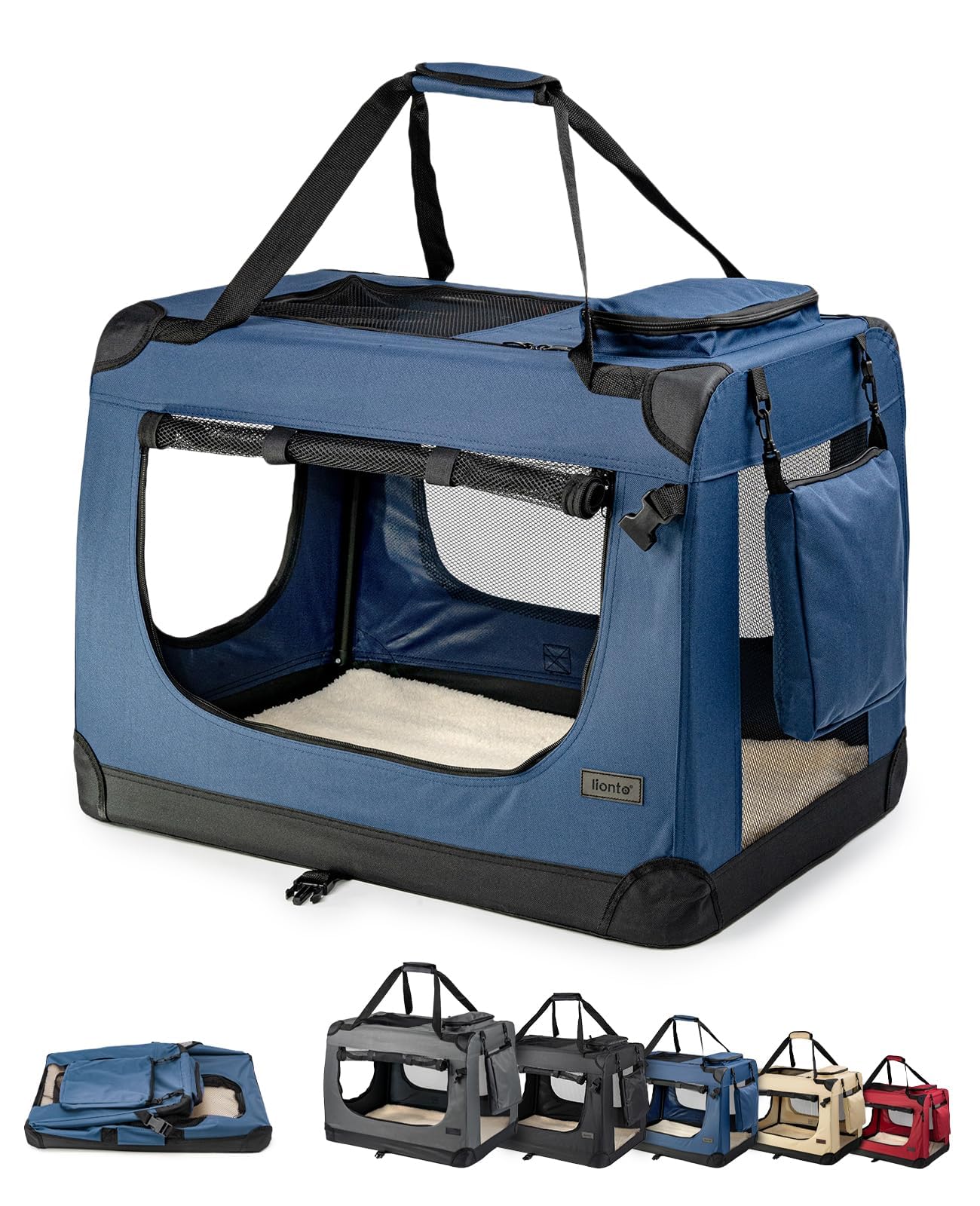 lionto Dog transport box foldable for travel & car, 82x58x58 cm, sturdy transport box with carrying handles & blanket for cats & dogs up to 18 kg, sturdy fabric dog box for small & large, blue