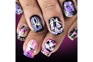 LOPMNGHT Halloween Nails Short Square False Nails French Purple Spider Pumpkin Face Design Glossy Fake Nail Full Cover Coffin Press on Nail Artificial Acrylic Halloween for Women Festival Manicure 24Pcs