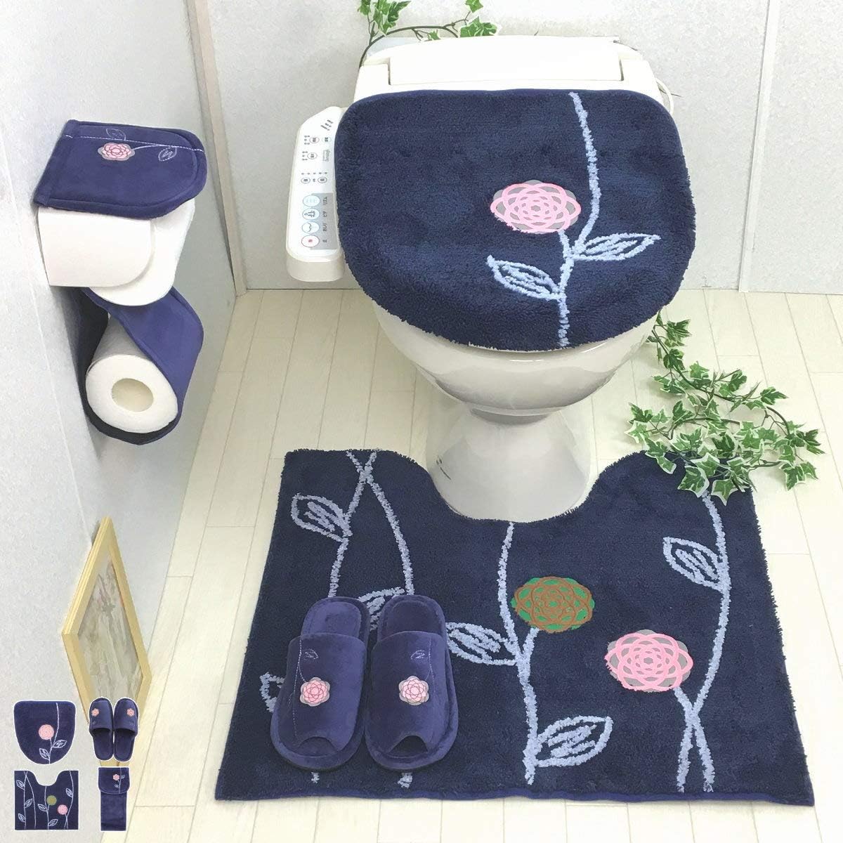 Amazon Co Jp 北欧 おしゃれ トイレマット セット 4点 ブルー 洗浄暖房型 かわいい 花 モダン フラワー 鮮やかな深い青 オカ エトフ ネイビー ホーム キッチン