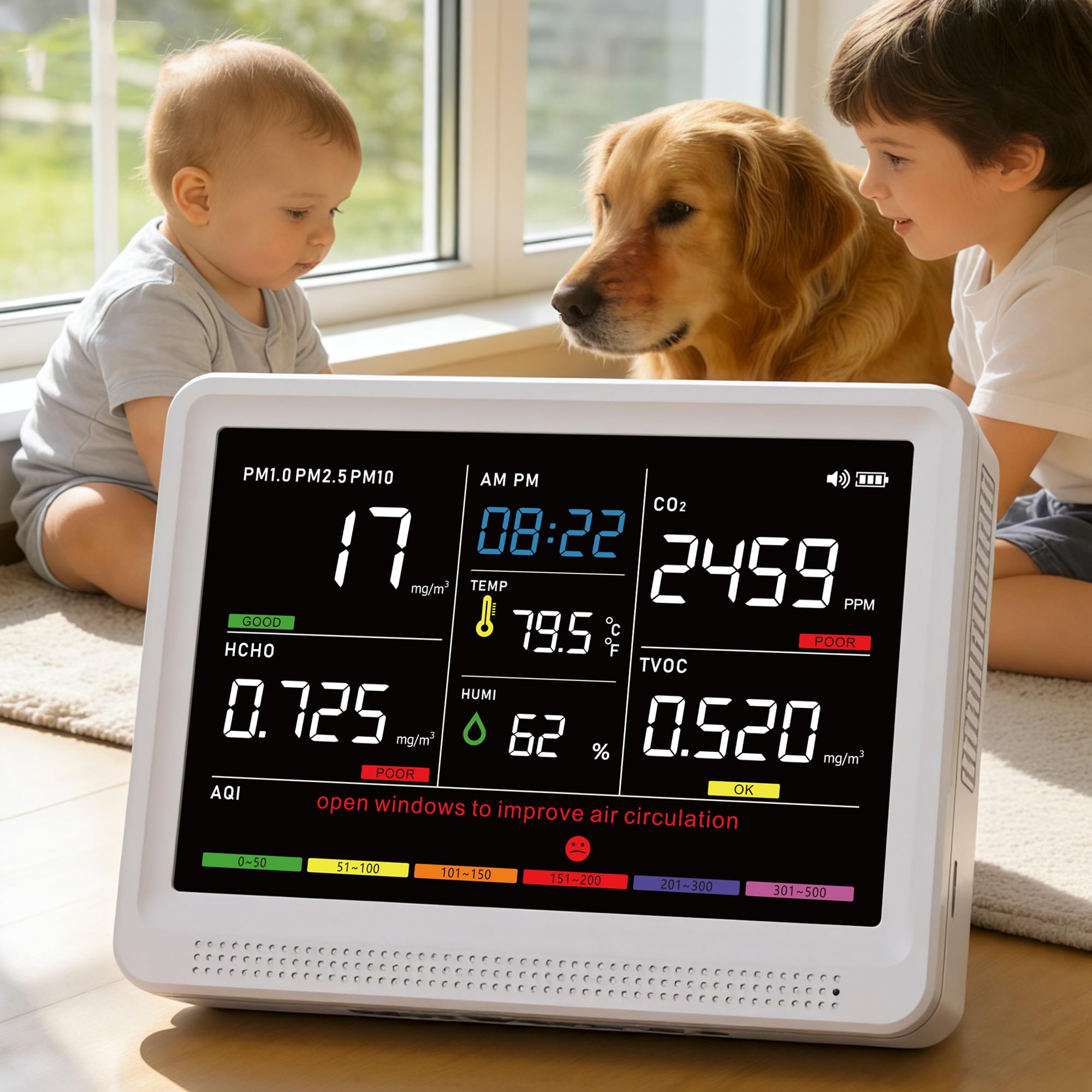 Photo 1 of 16 in 1 Air Quality Monitor Indoor 10h Battery & 5.5" Display 9 AQI+7 AQI Alerts, CO2 Monitor Air Quality Tester for CO2, TVOC, PM2.5 PM1.0 PM10, HCHO Temperature Humidity AQI & Time Air Quality Meter