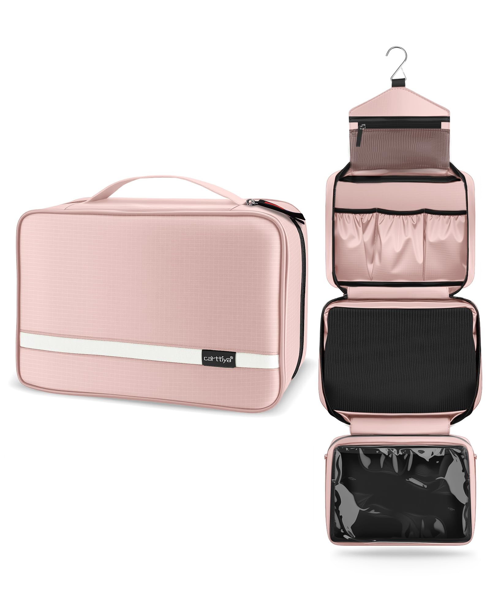 Carttiya Hanging Travel Toiletry Bag - Large Wash Bag for Men and Women, Waterproof Foldable Cosmetic Bag Make up Toiletry Bag with Hook for Business Trip, Gym, Vacation and Household (Pink)