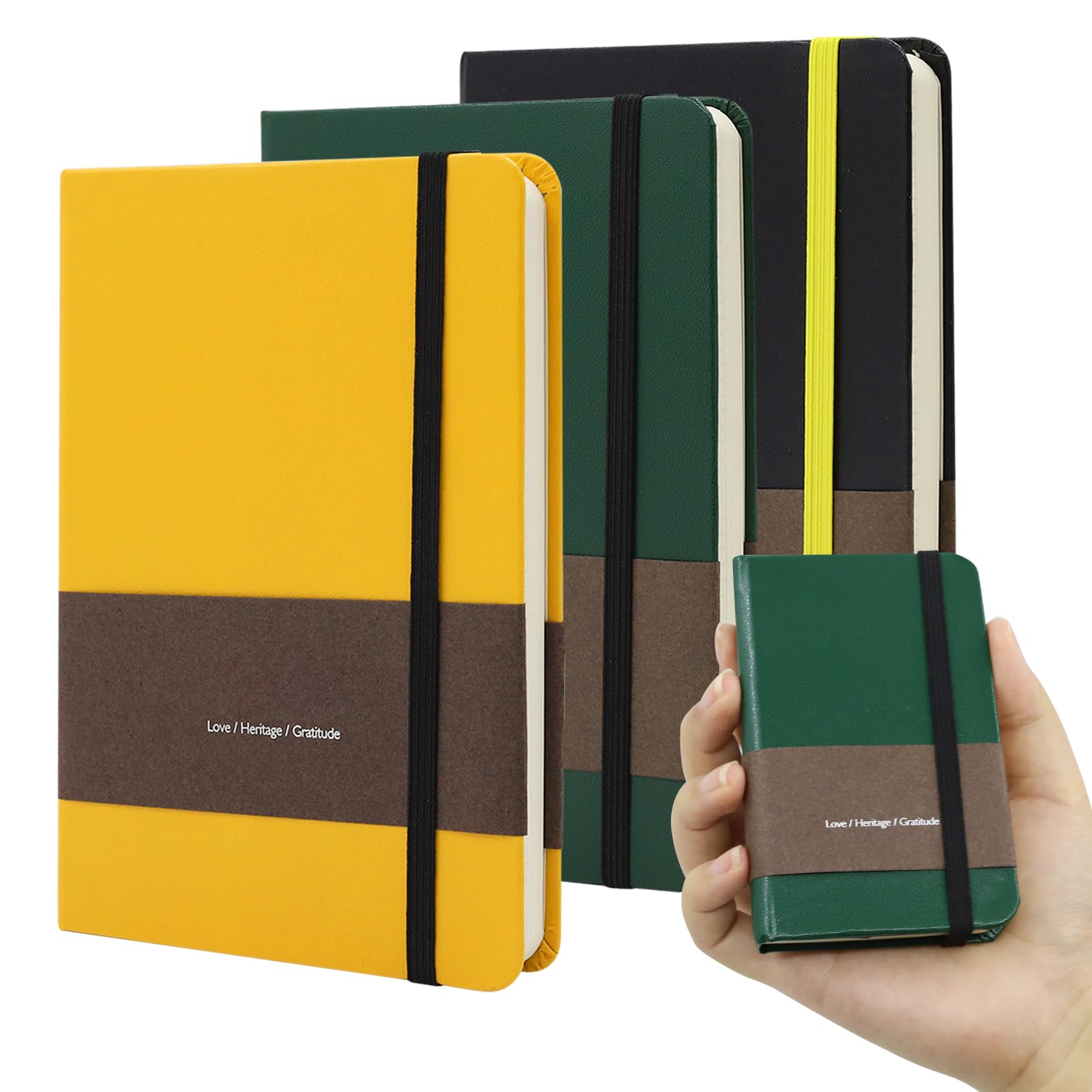 TUNJILOOL 3-Pack A7 Notebook Set - Black/Yellow/Green Hardcover Journals, 192 Pages 100GSM (Dotted, Grid, Blank), Elastic Band & Pocket for Writing, Sketching