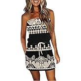 Summer Dress for Women Strapless Beach Cover Ups Boho Sundress Mini Dress Drawstring Waist with Pockets