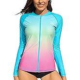 ATTRACO Women's Long Sleeve Rash Guard UV Sun Protection Zipper Gradient Swimsuit Top