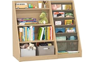 CMFYDAILY Montessori Kids Bookshelf, Wooden Baby Bookshelf with 4 Tier Toy Storage Shelf & 6 Fabric Sling Rack for Bedroom Playroom Nursery