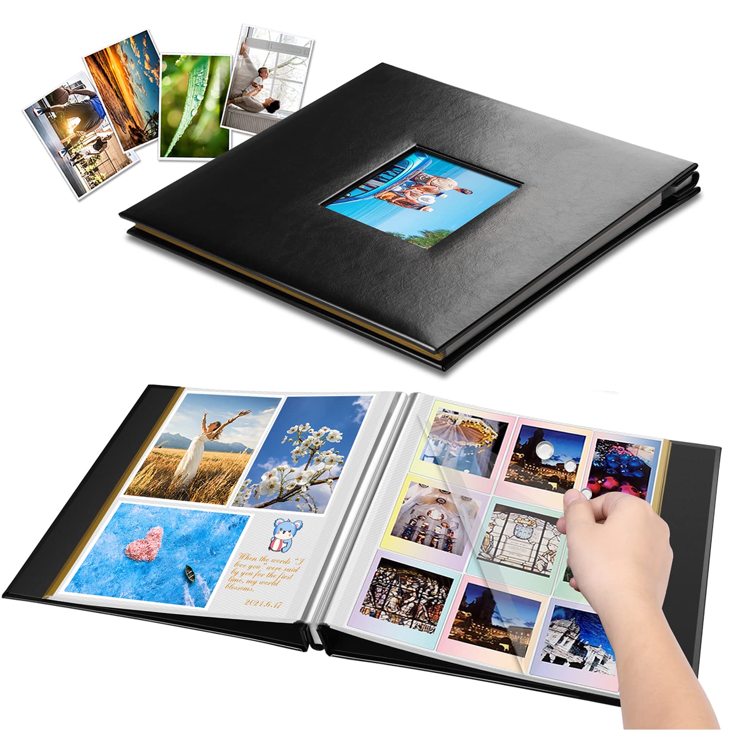 Photo 1 of 1DOT2 Self-Adhesive Photo Album Leather Cover Sticky 40 Pages DIY Magnetic Scrapbook Family Picture Albums for Christmas Wedding Birthday Travel Baby Gifts Hold 4X6 5X7 6X8 8X10 Photos Book Black
