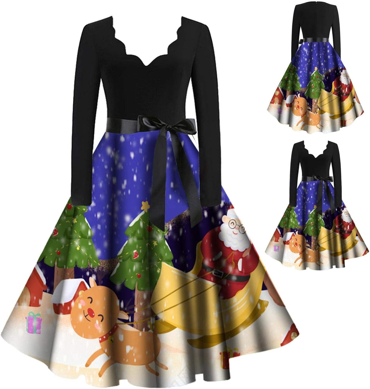 Women Vintage Long Sleeve Christmas Dress Evening Party