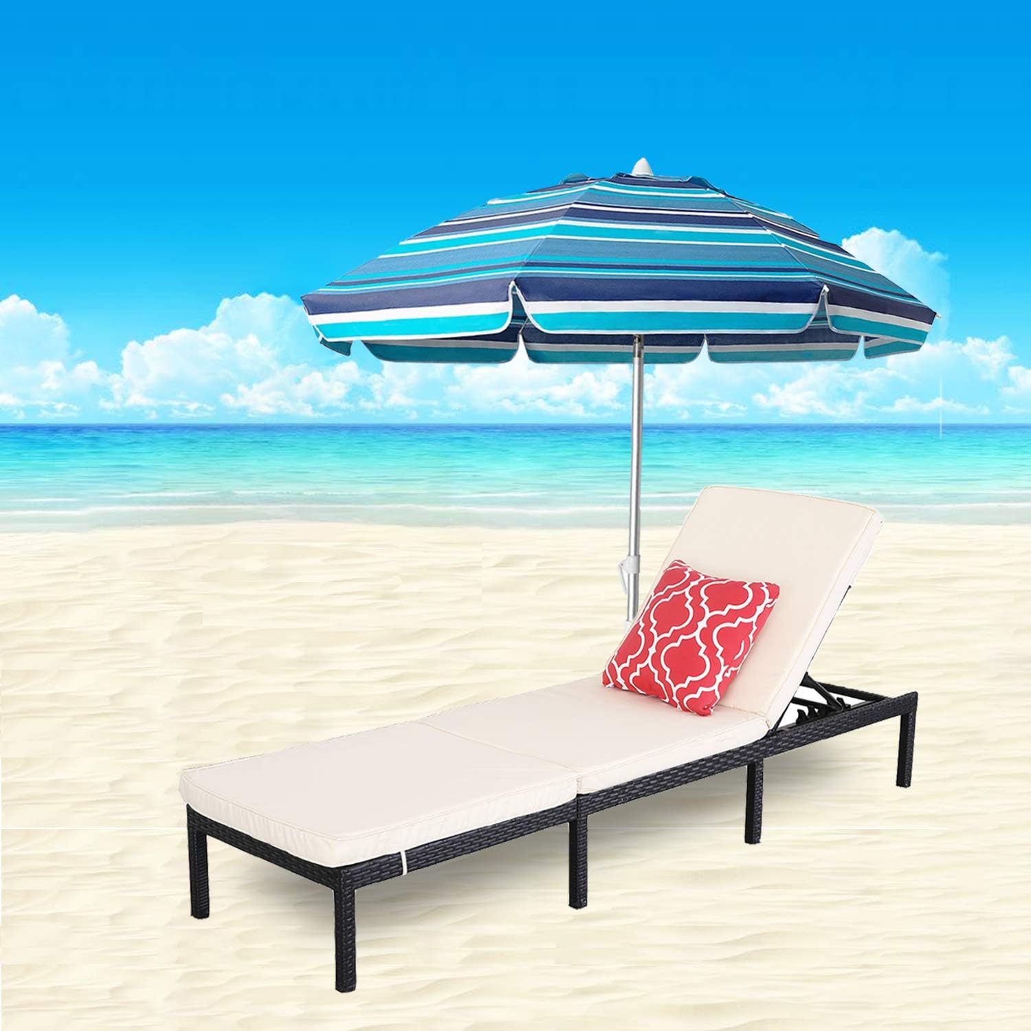 Do4U Patio Outdoor Chaise Lounge Chair- Adjustable Pool Lounge Chair Patio Furniture Wicker Couch Bed with Thick Cushion Expresso Rattan & PE Wicker Steel Frame (Beige)