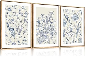CHDITB Blue and White Floral Wall Art Set of 3, Chinoiserie Framed Canvas Art Prints, Navy Watercolor Botanical Flower Painti