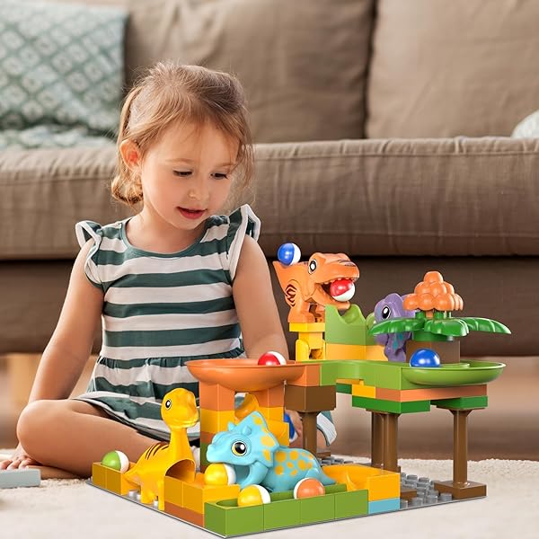 AIRKID MARBLE RUNS FOR KIDS 4-8,MARBLE RUN FOR KIDS AGES 3-5 WITH DINOSAUR BUILDING BLOCKS,DINOSAUR TOYS,STEM BUILDING TOYS WITH 4 MARBLE TRACK COMPATIBLE WITH MAJOR BRANDS
