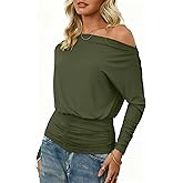CSDAJIO Off The Shoulder Asymmetrical Tops for Women Long Sleeve Ruched Dolman Shirt Going Out Outfits