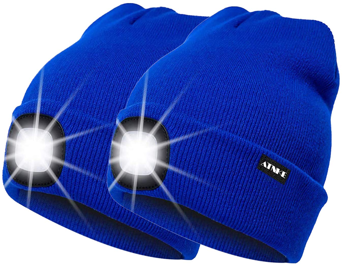 ATNKE 2Pcs New Warm LED Lighted Beanie Cap Unisex USB Rechargeable Running Hat Ultra Bright 4 LED Waterproof Light Lamp Multi-Color/Blue