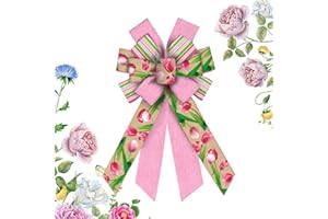 Hying Large Spring Flowers Bows for Wreath, Spring Tulips Wreath Bows Mix-Color Stripes Pink Burlap Bows Wedding Farmhouse Craft Bows for Front Door Spring Birthday Party Decorations Supplies