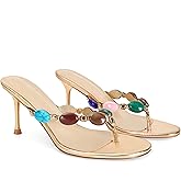 MAIJED Jeweled Flip Flop Kitten Heels for Women Open Toe Beaded Strappy High Heels Sandals Slip On Thong Heeled Mules Mid Heel Fashion Party Dress Shoes