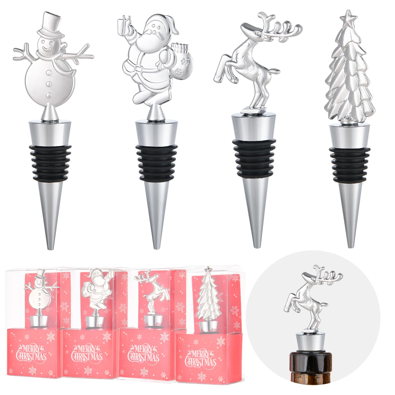 4 Pcs Christmas Wine and Beverage Bottle Stopper - Holiday Decoration Glass Stopper, Winter Accessories Gift for Host/Hostess - Corker/Sealer