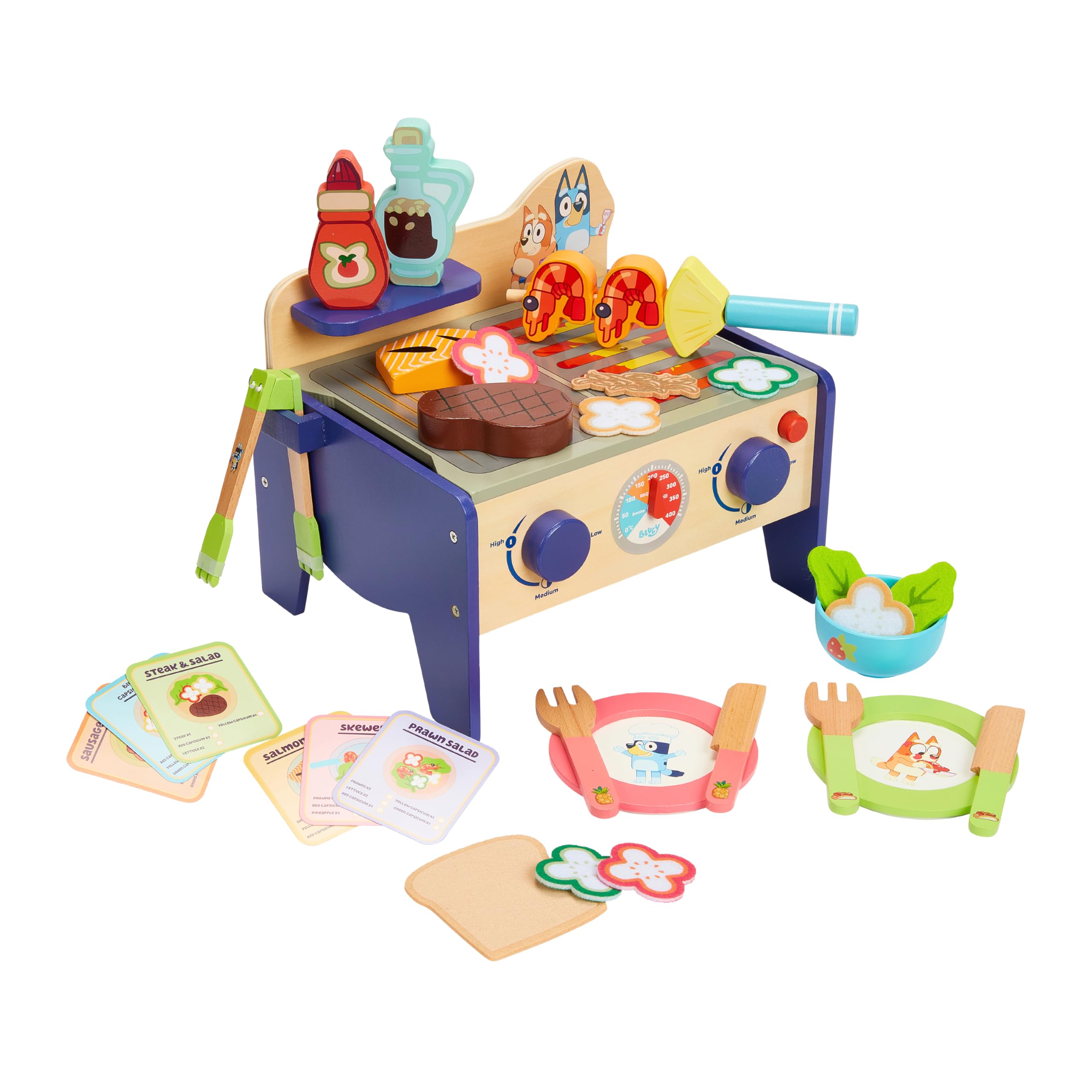 Bluey 8th Wonder Wooden Salad & BBQ Grill Toy Set, 33-Piece Play BBQ Food Set with Tongs, Food, and 6 Recipe Cards, Kitchen Toys for Kids Ages 3+ Image