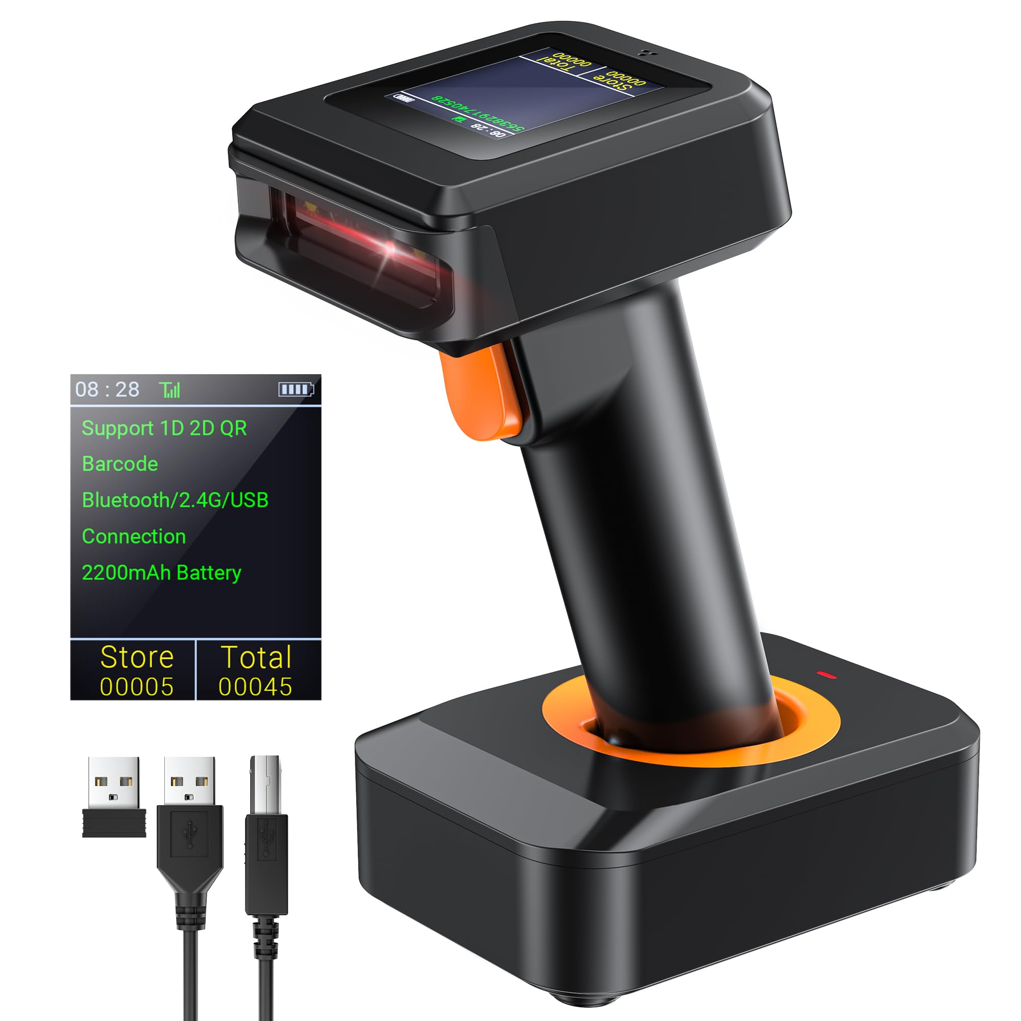 Tera 2D Barcode Scanner Wireless, Bluetooth QR Code Scanner, with Time Display Screen Battery Level Indicator Charging Base, Patent Number 90078251950003, HW0006