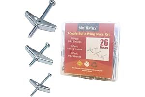binifiMux 26 Pieces Toggle Bolt and Wing Nut Assortment Kit for Drywall Hanging Heavy Items 1/8" 3/16" 1/4"