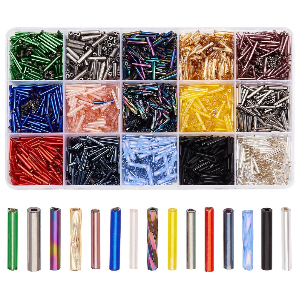 GOMAKERER About 1800 Pcs 15 Colors Glass Bugle Beads, Mixed Color Screwy Bugle Beads Long Tube Seed Bead Loose Spacer Bead Transparent Beads Clear Beads for DIY Crafting Jewelry Making