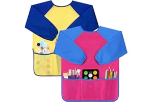 Bassion 2 Pack Kids Art Smock, Toddlers Painting Aprons Colorful Waterproof Artist Smock with Long Sleeve 3 Roomy Pockets