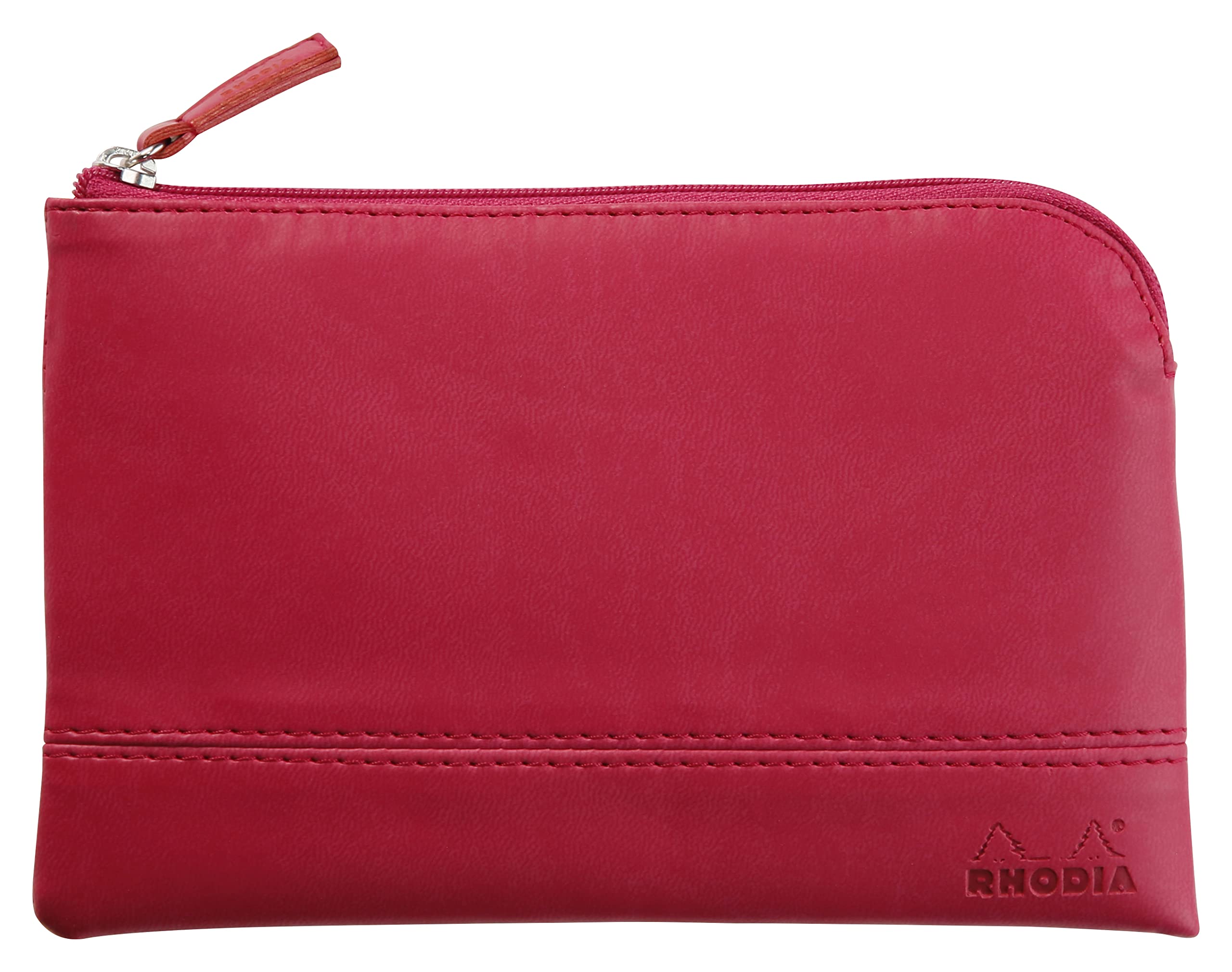 RHODIA 116543C - Faux Leather Zipped Pouch - Raspberry - Size S (11 x 17 cm) - Genuine Stitching - Orange Fabric Inside - Storage for Documents, Small Supplies