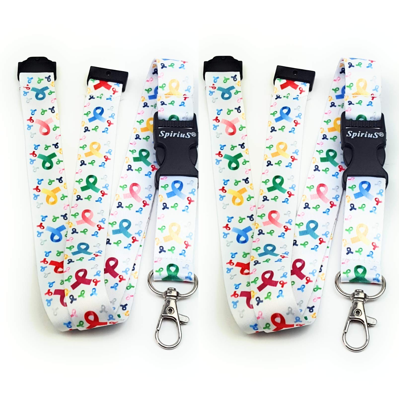 SpiriuS 2 Lanyards Neck Strap for id Badge holder with metal clip original SET (2X Rainbow cancer logo in white)