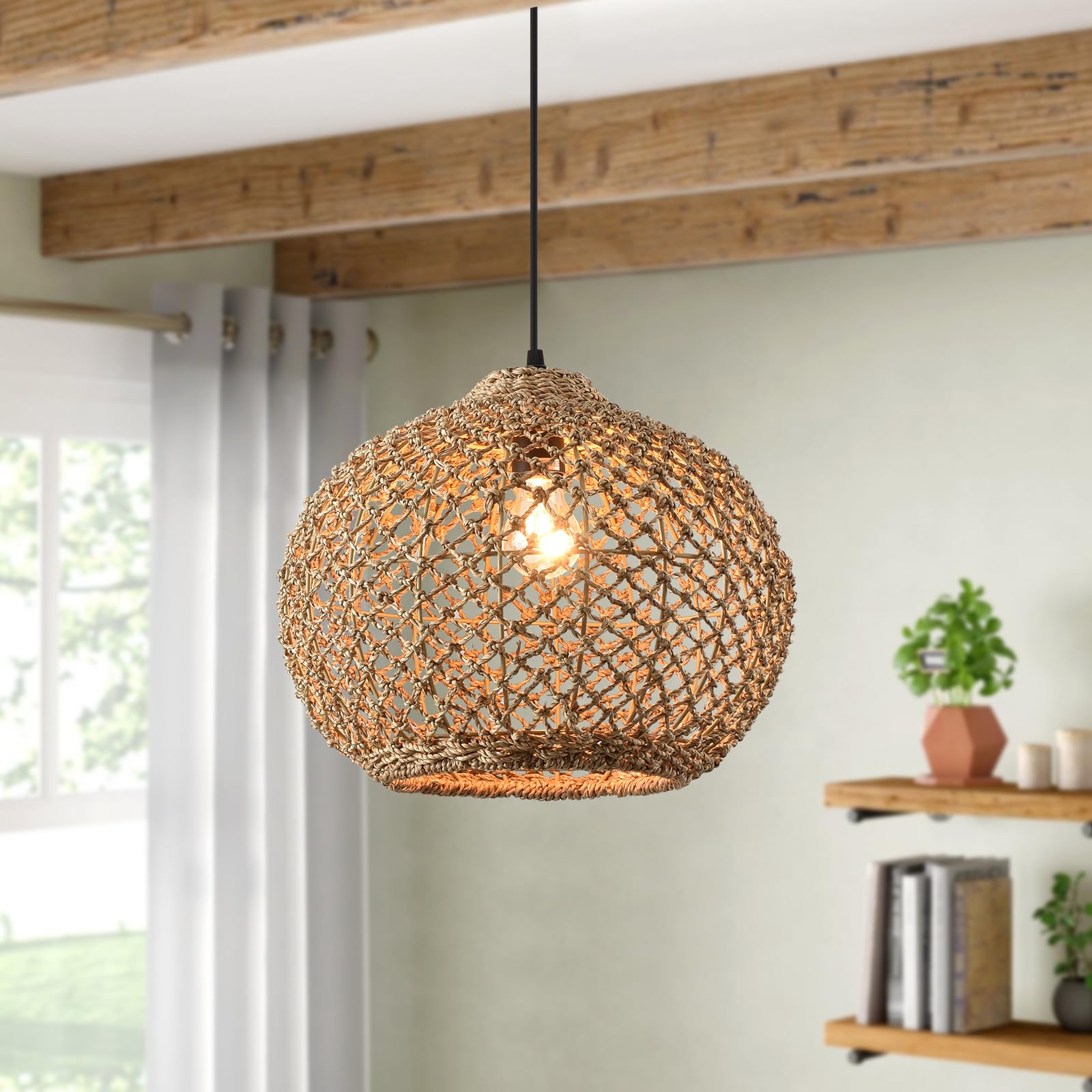 Photo 1 of LHJIHFU Rattan Pendant Light Fixture, Handmade Woven Farmhouse Wicker Boho Light, Kitchen Island Farmhouse Dining Room Height Adjustable