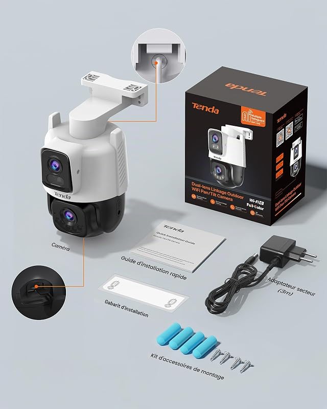 CH9 Caméra Surveillance WiFi Extérieure Double Objectif 2K+2K, Wi-FI 6 PTZ 360°, Mode Patrouille, Vision Nocturne Couleur, Alarme Sonore/Lumineuse, Détection Humaine/Véhicule, IP65