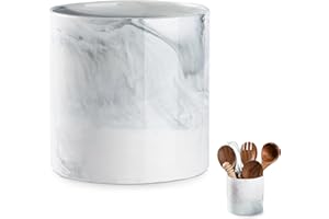 LYEOBOH Kitchen Utensil Holder for Countertop - 5.2 Inch Ceramic Cooking Utensil Crock, Heavy and Stable Utensil Caddy, Mable Farmhouse Tool Organizer for Kitchen Decor & Housewarming Gift