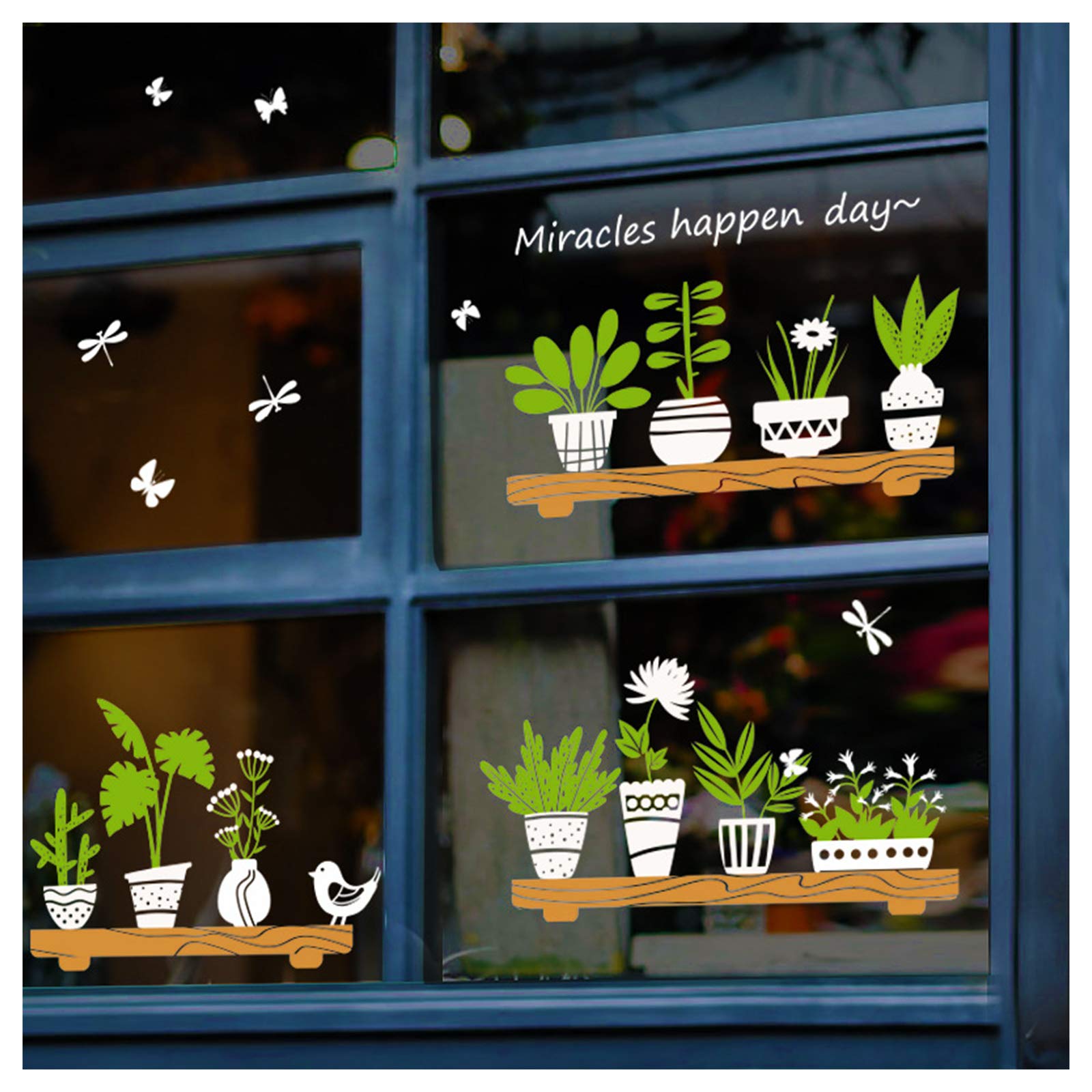 Double-Sided Plant Stickers Window Decor Decals, Green Plants Wall Decor Decal, Removable DIY Self-Adhesive Wall Art Mural for Living Room Bedroom Coffee Store Glass Door Decoration (Potted)