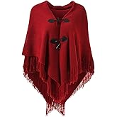 Ferand Women’s Loose Fitting Poncho Cape Shawl with Stylish Horn Buttons, V Neckline and V Hem