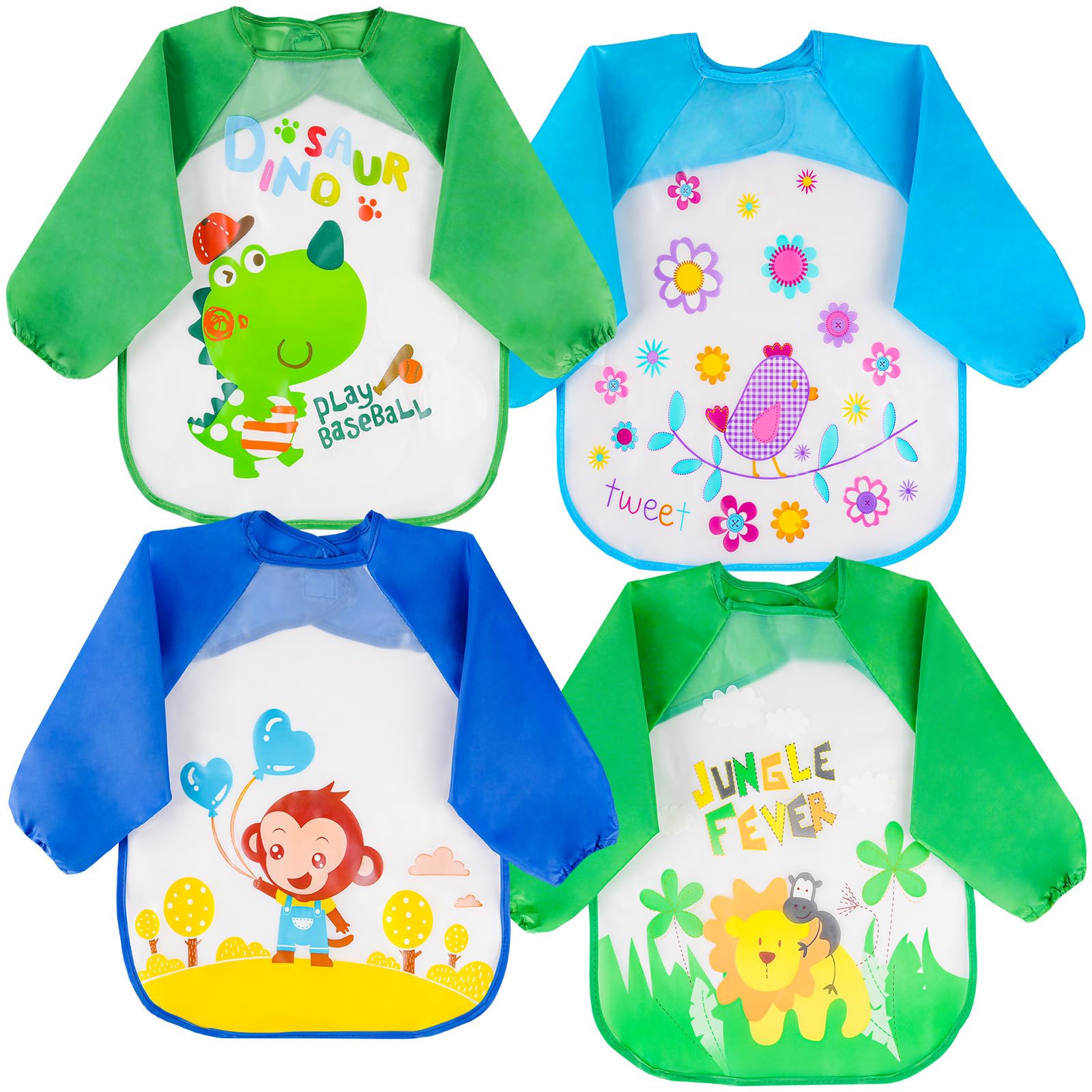 Vicloon Bibs with Sleeves, 4 Pcs Baby Waterproof Weaning Toddler Bib, Long Sleeve Bib Unisex Feeding Bibs Apron for Infant Toddler 6 Months to 3 Years Old
