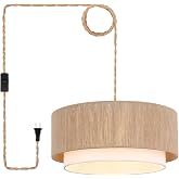 Buovikalo Plug in Pendant Light, 18” Rattan Plug in Chandelier with 15.7FT Light Cord, Hanging Light with Handwoven Hemp Rope