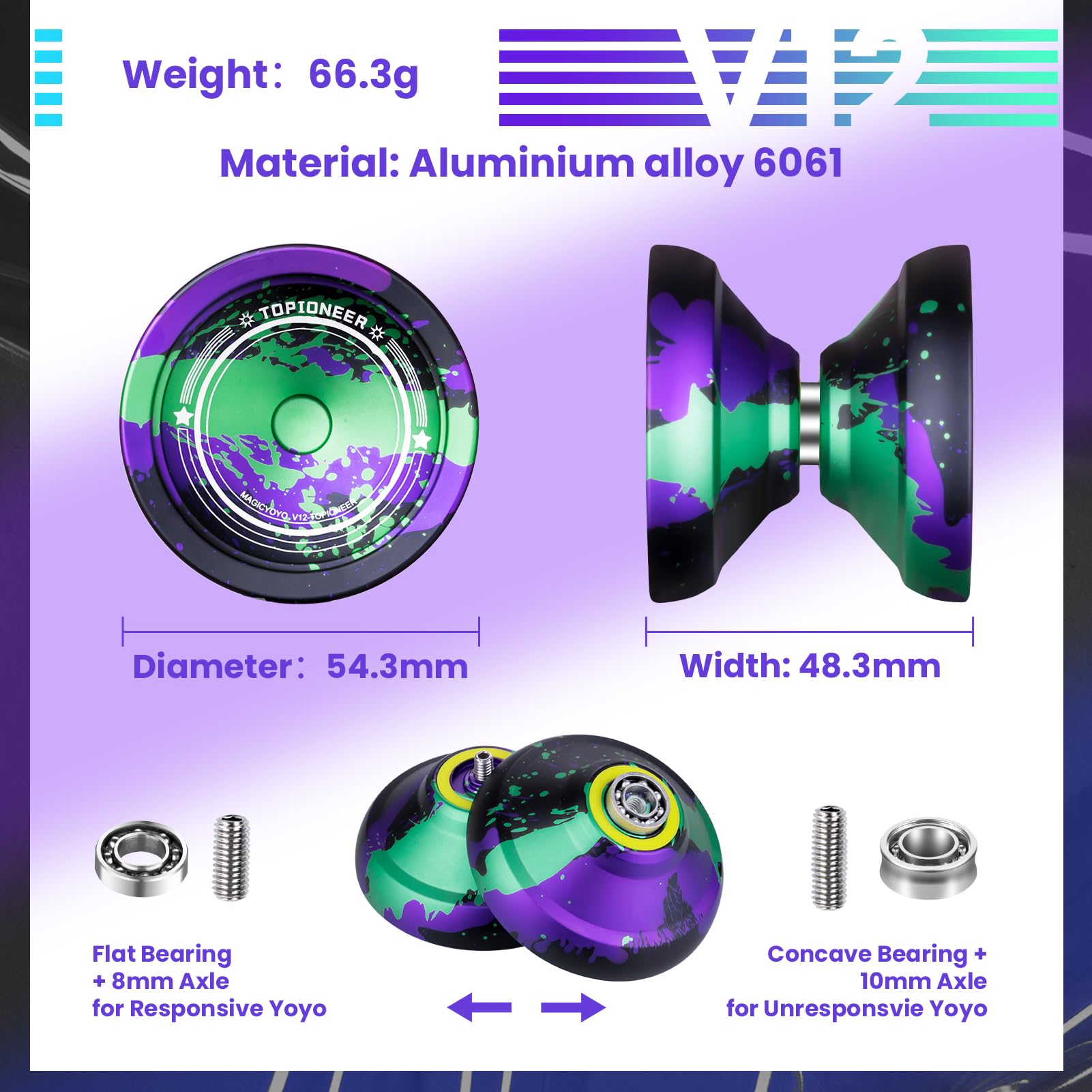 MAGICYOYO V12 Finger Spin Yoyo - Professional Responsive & Unresponsive Yoyo for Kids & Adults, 12 Strings & Accessory Kit - Black, Green, Purple