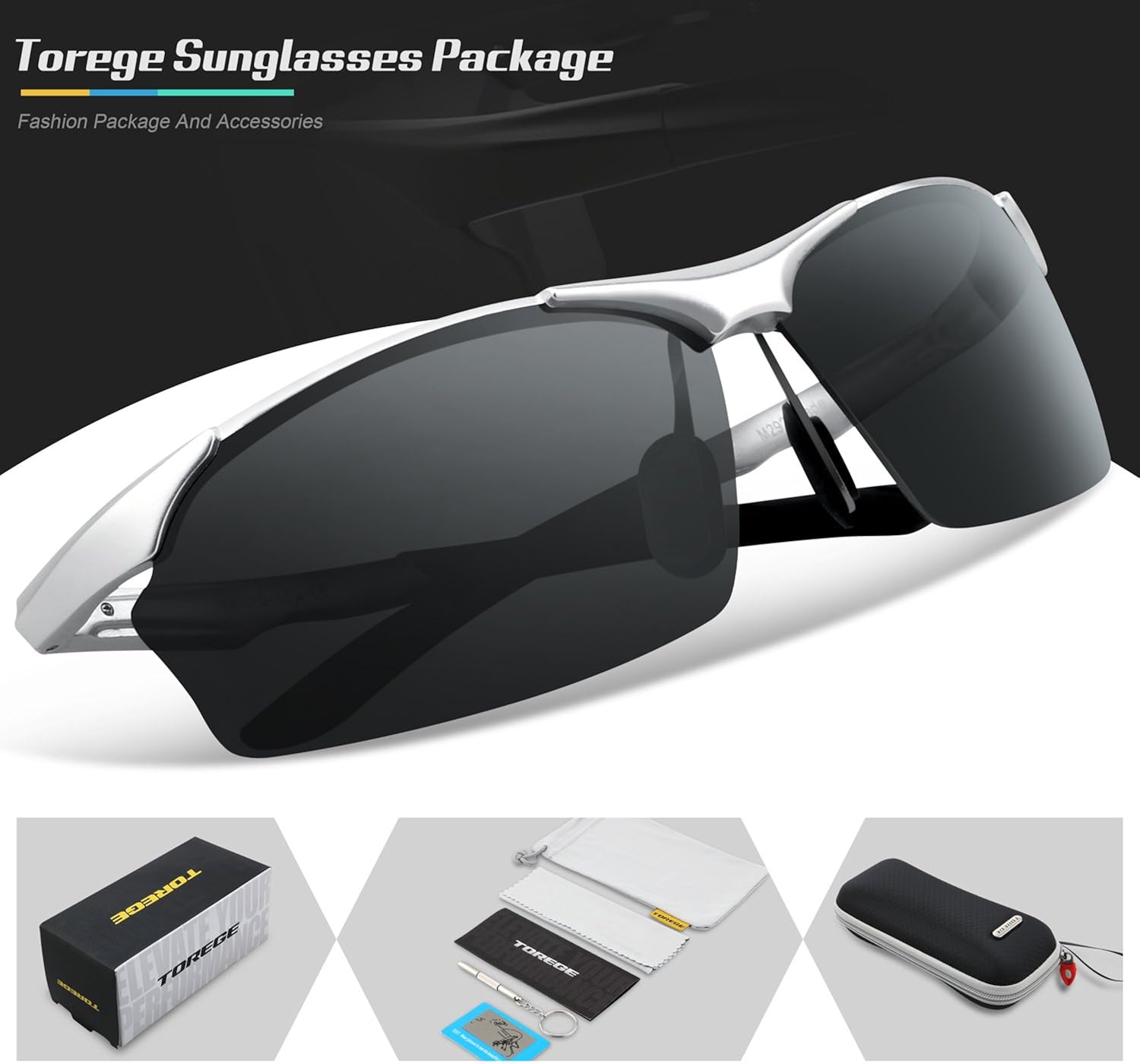 TOREGE Men's Sports Style Polarized Sunglasses Al-Mg Metal Frame Glasses M292 (Silver&Grey Lens) : Clothing
