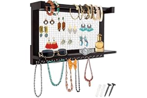COMFIFY Rustic Jewelry Organizer – Wall Mounted Jewelry Holder with Removable Bracelet Rod, Shelf and 16 Hooks – Perfect Earrings, Necklaces and Bracelets Holder – Vintage Jewelry Display – Dark Brown
