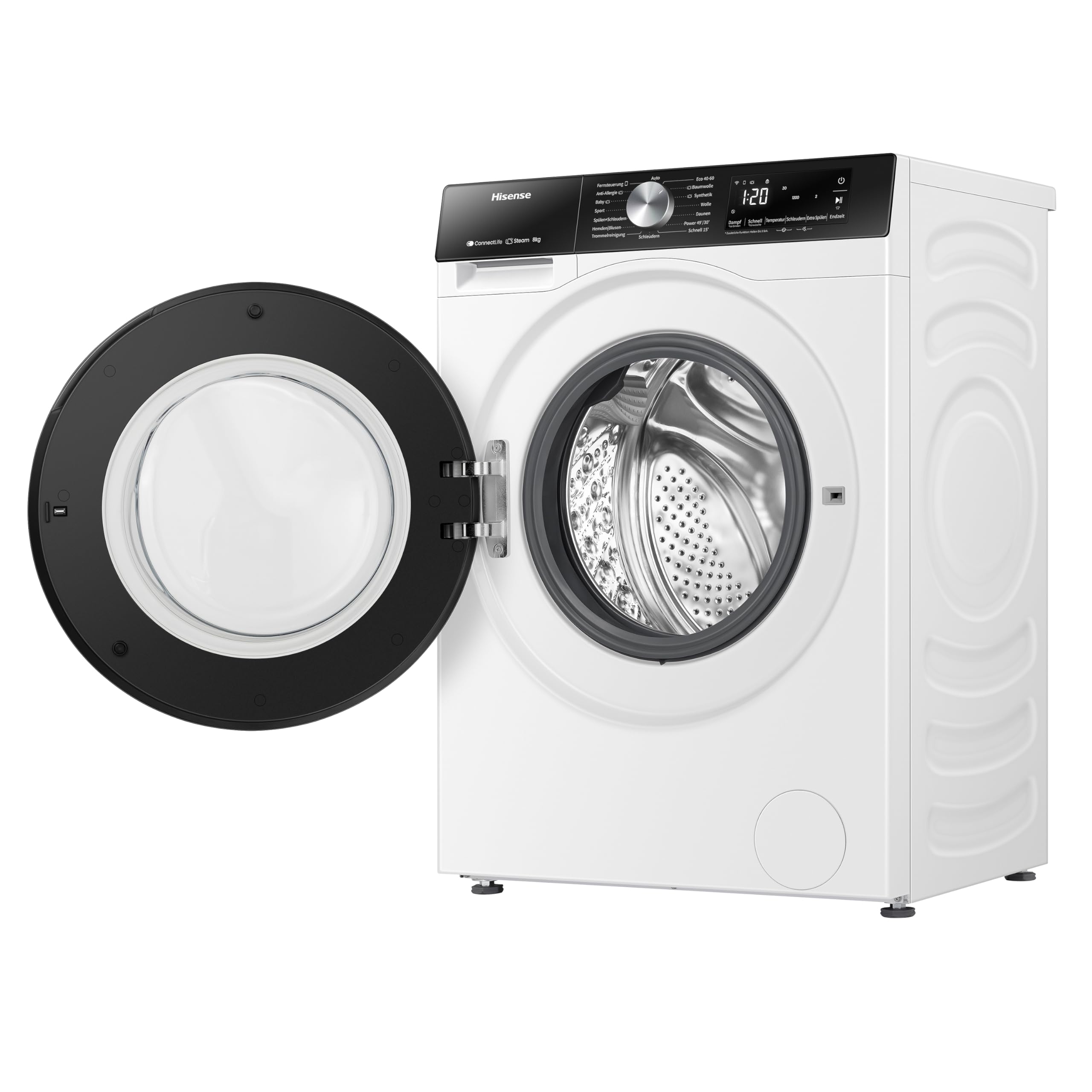 Hisense WF3S8043BW3 Waschmachine mit Dampffunkunktion, 8 kg, 1400 U,min, WIFI, ConnectLife, Power JetWash, Anti-Allergie Programm, Aqua Stop, Auto Wash, Quick Wash, EEK A-30 Prozent 8