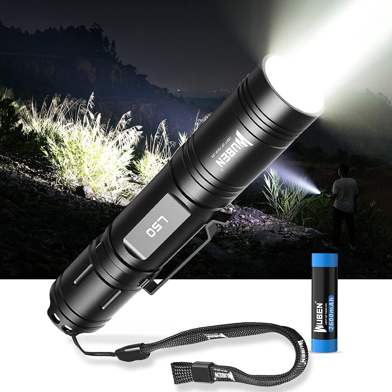 WUBEN L50 Rechargeable Super Bright 1200 Lumens Led Torch, Tactical Torch with 5 Light Modes for Daily Use, Walking, Camping, Emergency